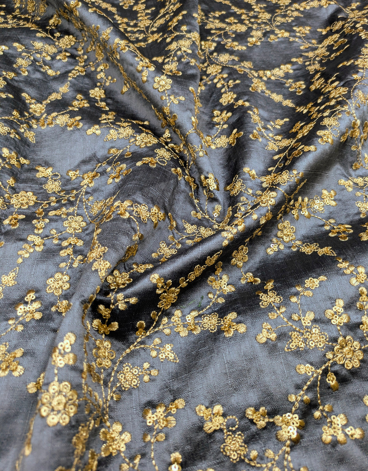 Embroidered fabric, Grey and gold wedding dress fabric, Thread embroidery, Indian fabric, Bridesmaid dress, Luxury fabric, Gold fabric - NFAF700