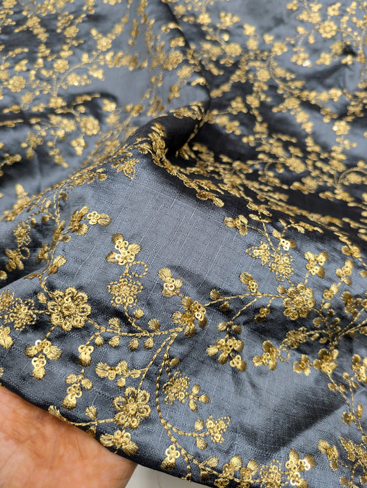Embroidered fabric, Grey and gold wedding dress fabric, Thread embroidery, Indian fabric, Bridesmaid dress, Luxury fabric, Gold fabric - NFAF700