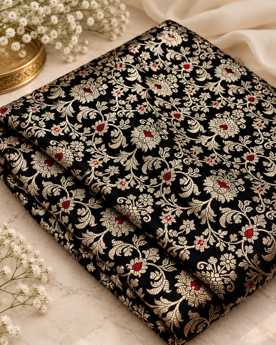 Banarasi Brocade Fabric, Black and Gold Rayon silk fabric, Floral brocade, Wedding fabric, Lace brocade, Gold brocade, Party fabric - NFAF710