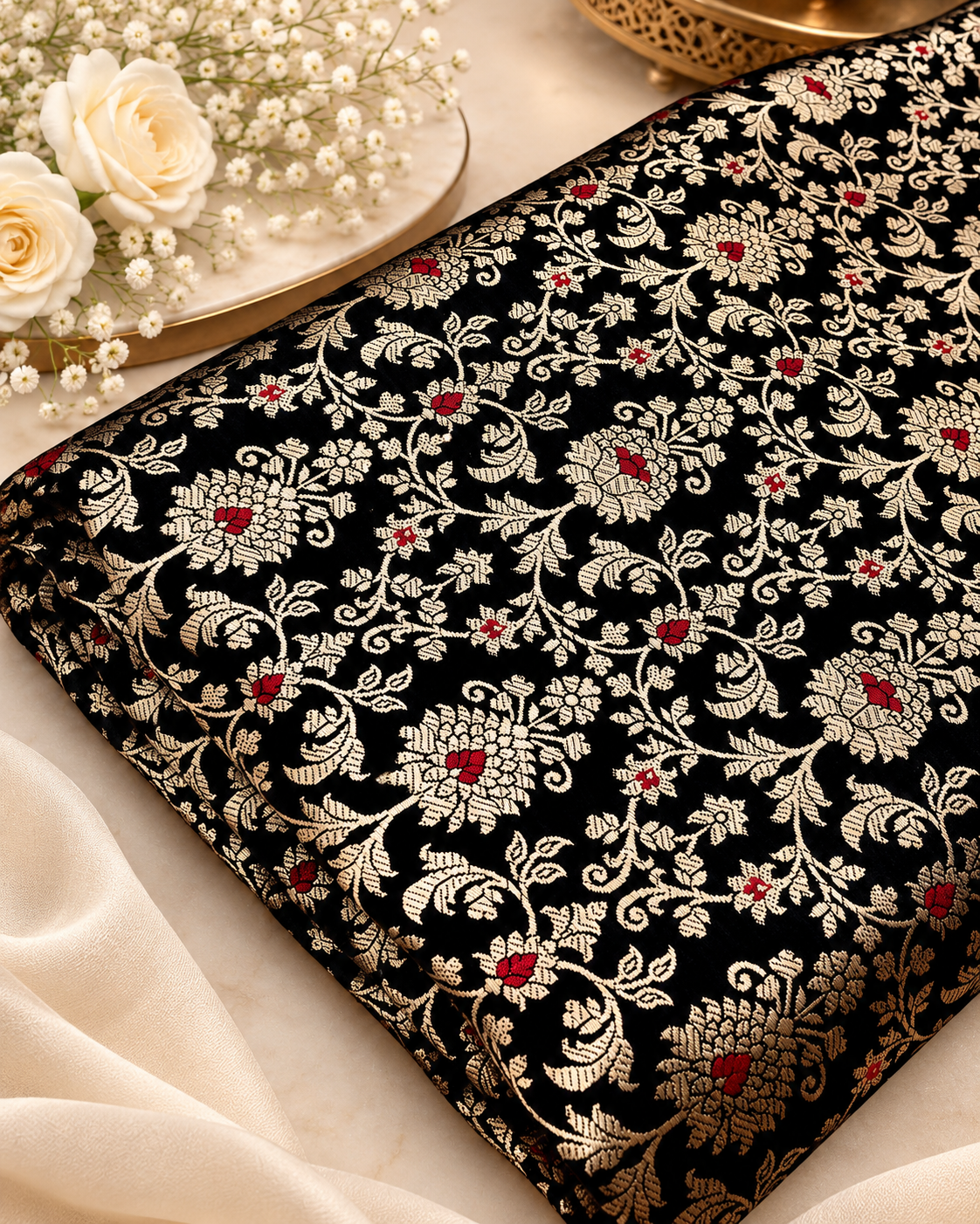 Banarasi Brocade Fabric, Black and Gold Rayon silk fabric, Floral brocade, Wedding fabric, Lace brocade, Gold brocade, Party fabric - NFAF710