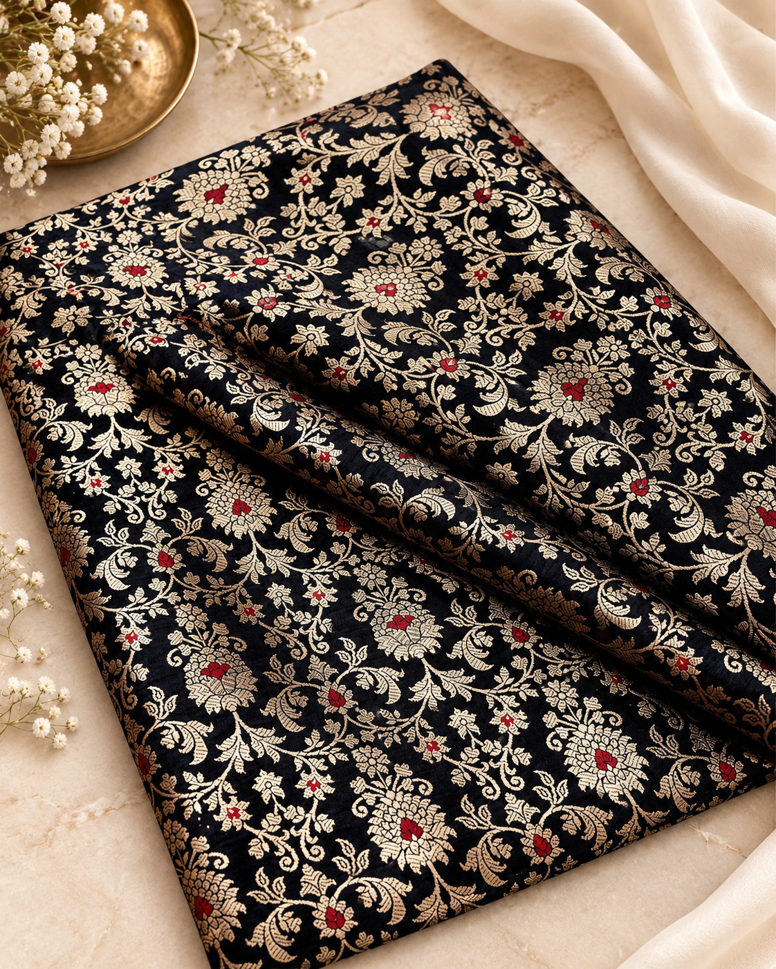 Banarasi Brocade Fabric, Black and Gold Rayon silk fabric, Floral brocade, Wedding fabric, Lace brocade, Gold brocade, Party fabric - NFAF710