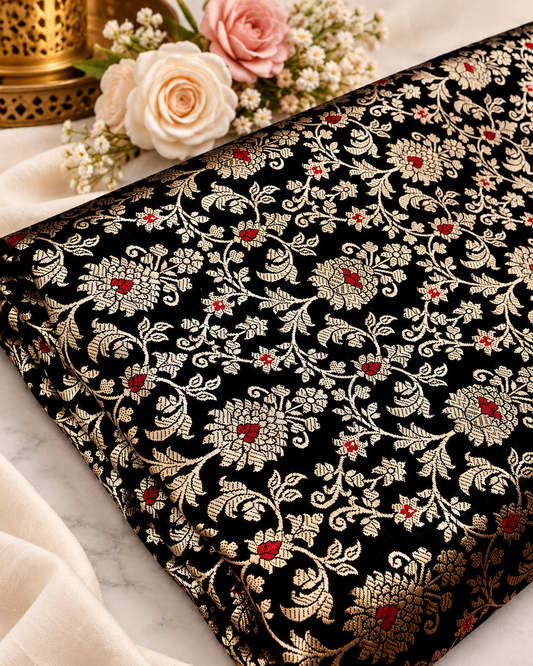 Banarasi Brocade Fabric, Black and Gold Rayon silk fabric, Floral brocade, Wedding fabric, Lace brocade, Gold brocade, Party fabric - NFAF710