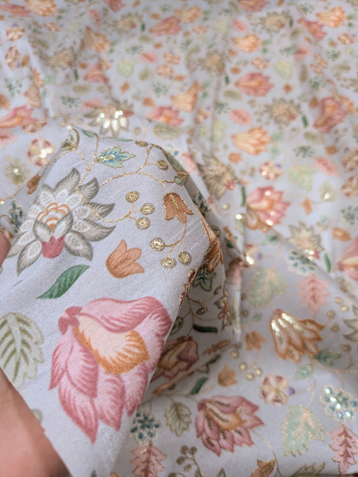 Gray & gold color embroidered fabric, Wedding inspiration, Thread embroidery, Embroidery design, Indian fabric, Handmade, - NFAF719