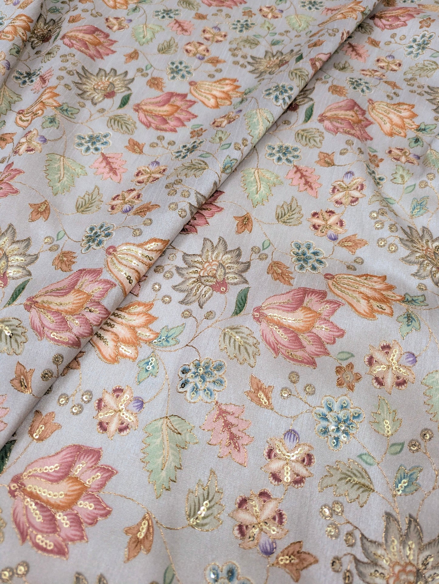 Gray & gold color embroidered fabric, Wedding inspiration, Thread embroidery, Embroidery design, Indian fabric, Handmade, - NFAF719