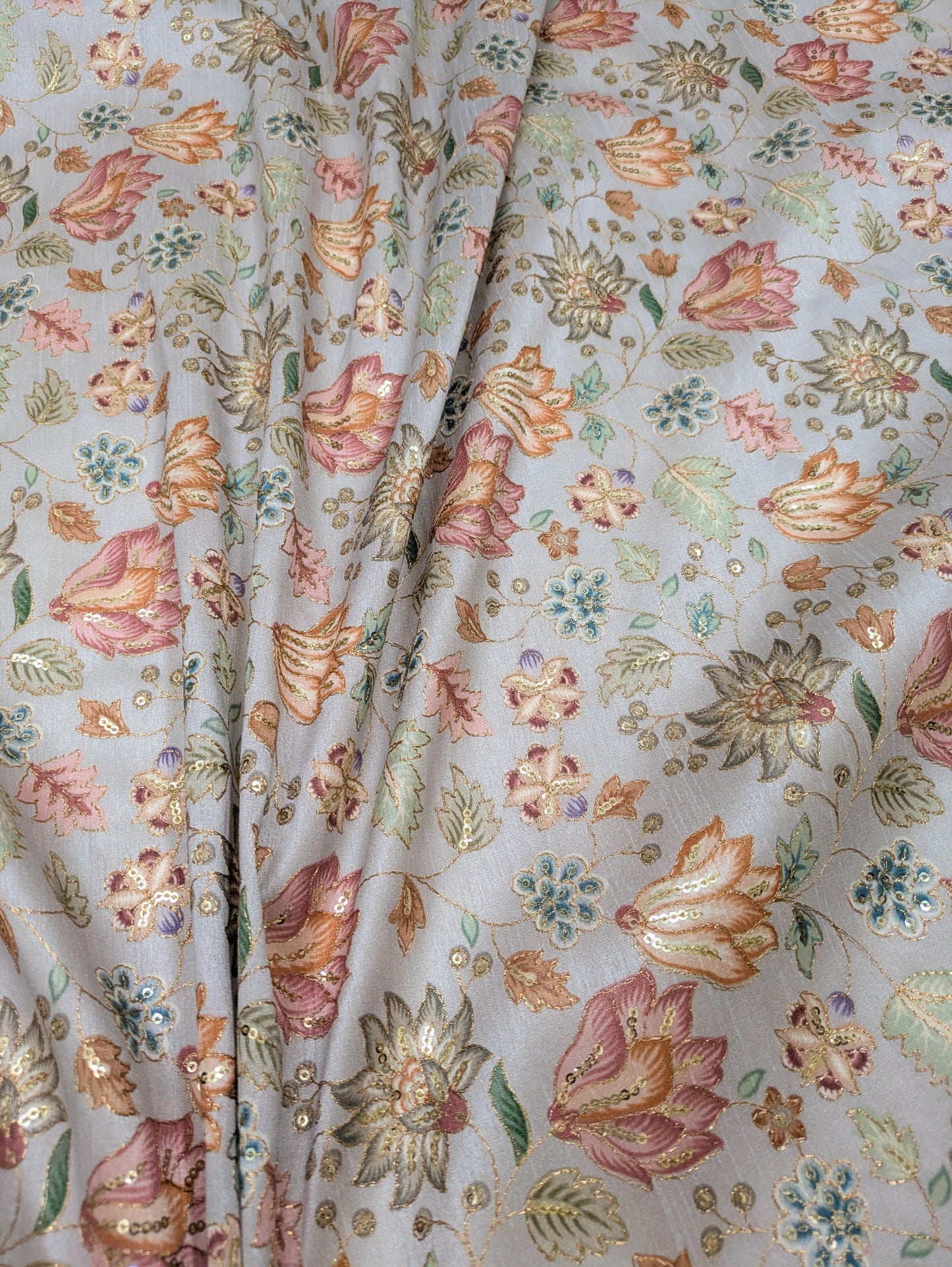Gray & gold color embroidered fabric, Wedding inspiration, Thread embroidery, Embroidery design, Indian fabric, Handmade, - NFAF719