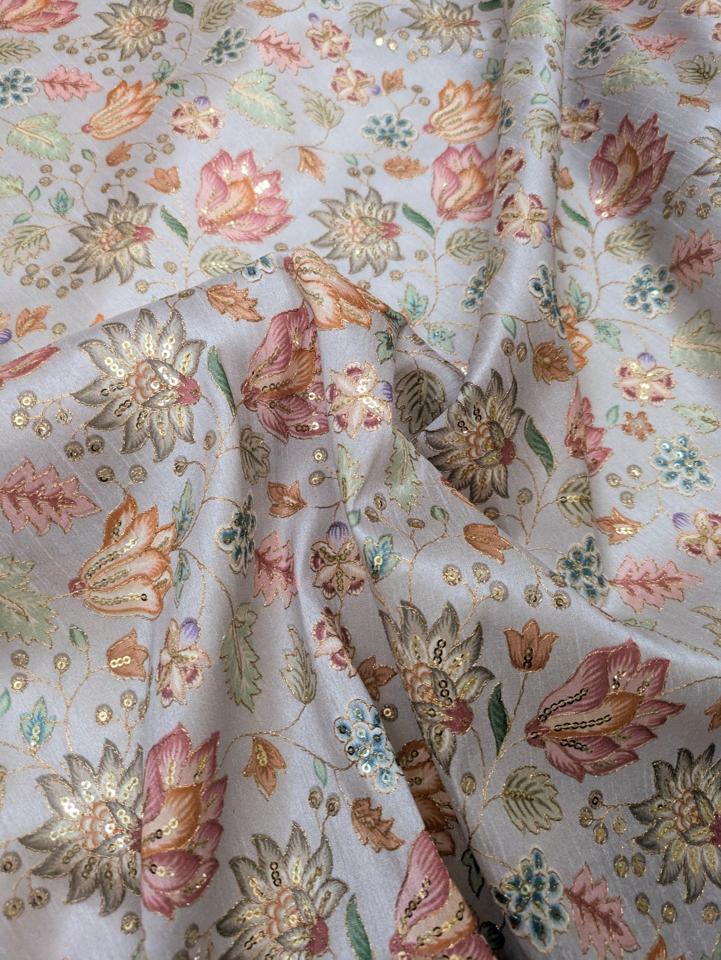 Gray & gold color embroidered fabric, Wedding inspiration, Thread embroidery, Embroidery design, Indian fabric, Handmade, - NFAF719