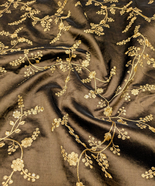 Embroidered fabric, Brown and gold wedding dress fabric, Indian fabric, Bridesmaid dress, Luxury fabric, Thread embroidery, Gold fabric - NFAF723
