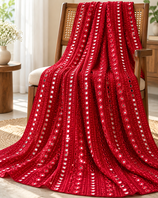 Embroidered fabric Red Georgette MirrorWork fabric Wedding Bridal dress Fabric Lehenga Salwar Suit Dupatta fabric By the Yard- NFAF735