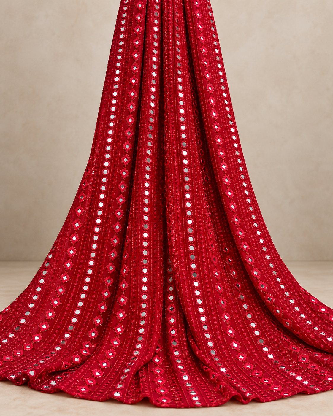 Embroidered fabric Red Georgette MirrorWork fabric Wedding Bridal dress Fabric Lehenga Salwar Suit Dupatta fabric By the Yard- NFAF735