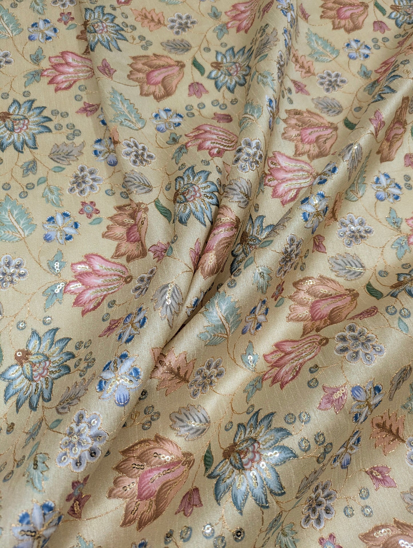 Beige gold embroidered fabric, Luxury fabric, Fashion fabric, Indian fabric, Gold flower, Wedding dress, Bridesmaid dress, Evening dress - NFAF741