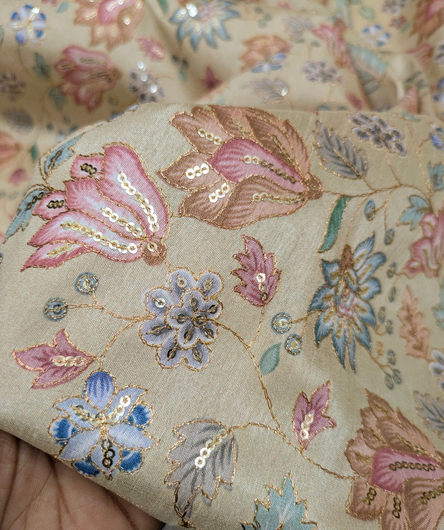 Beige gold embroidered fabric, Luxury fabric, Fashion fabric, Indian fabric, Gold flower, Wedding dress, Bridesmaid dress, Evening dress - NFAF741