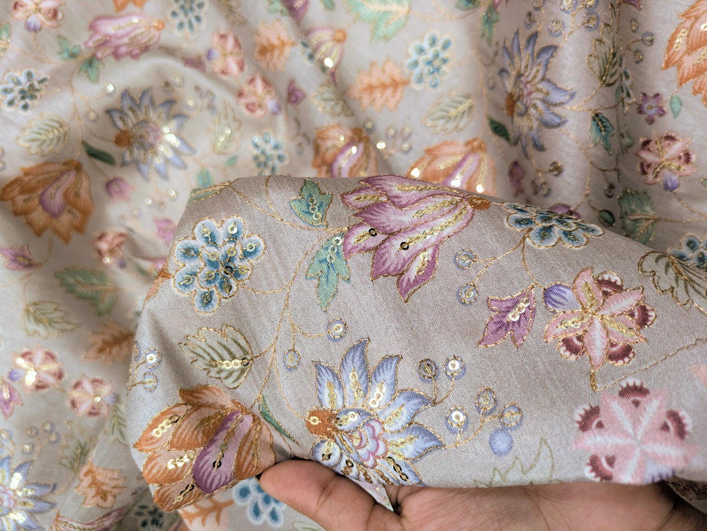 Gray and gold embroidered fabric, Wedding dress, Bridesmaid dress, Embroidery design, Thread embroidery, Fashion fabric - NFAF759