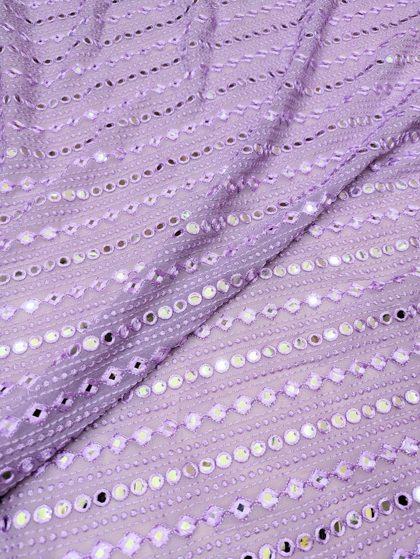 Lavender embroidered fabric, Georgette foil mirror fabric, Gold fabric, Wedding inspiration, Bridesmaid dress, Fashion fabric, Indian fabric, Thread embroidery - NFAF768