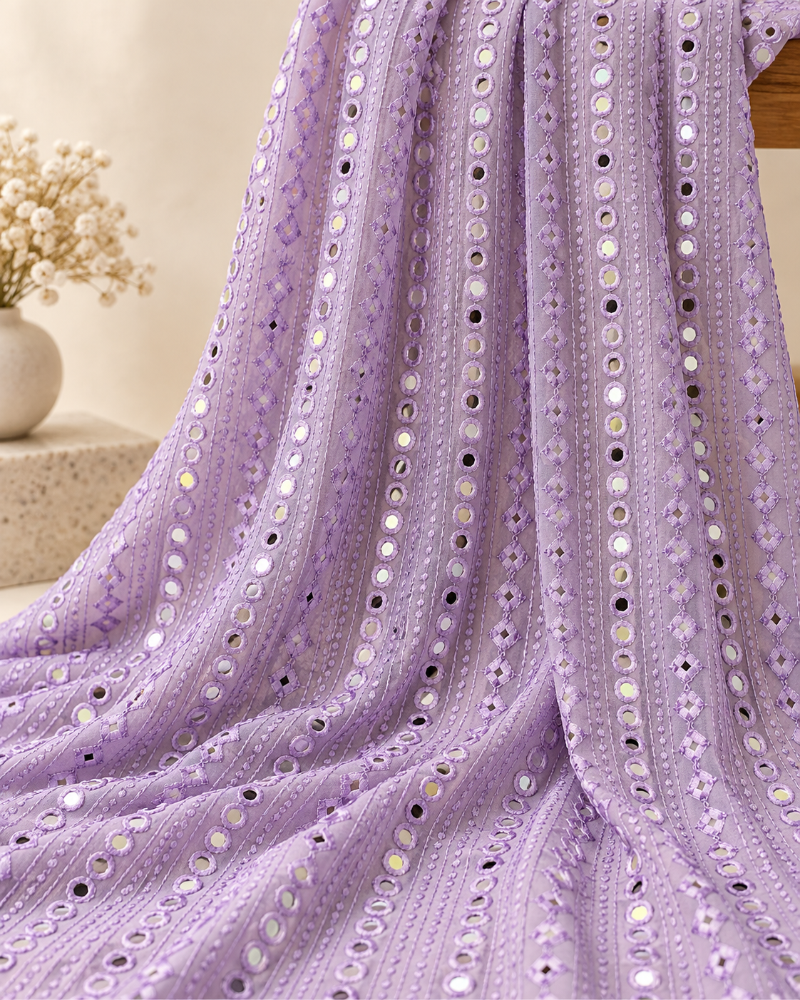 Lavender embroidered fabric, Georgette foil mirror fabric, Gold fabric, Wedding inspiration, Bridesmaid dress, Fashion fabric, Indian fabric, Thread embroidery - NFAF768