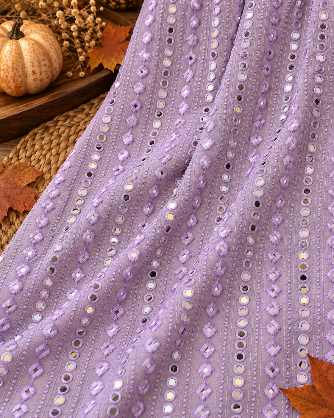 Lavender embroidered fabric, Georgette foil mirror fabric, Gold fabric, Wedding inspiration, Bridesmaid dress, Fashion fabric, Indian fabric, Thread embroidery - NFAF768