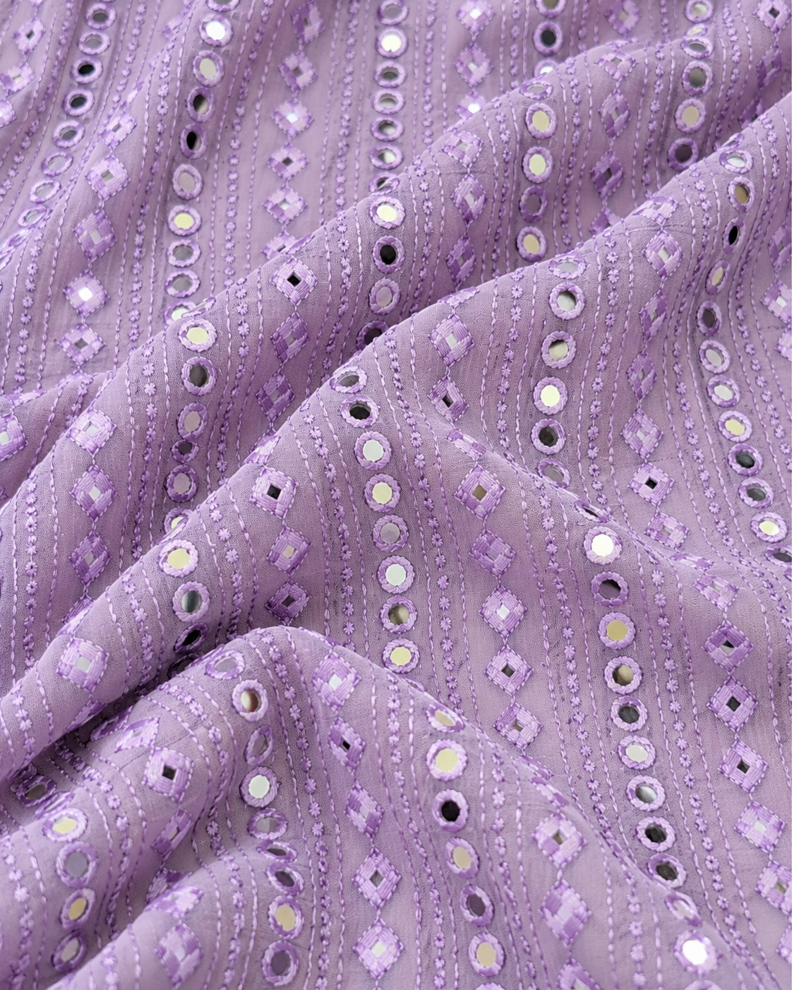 Lavender embroidered fabric, Georgette foil mirror fabric, Gold fabric, Wedding inspiration, Bridesmaid dress, Fashion fabric, Indian fabric, Thread embroidery - NFAF768