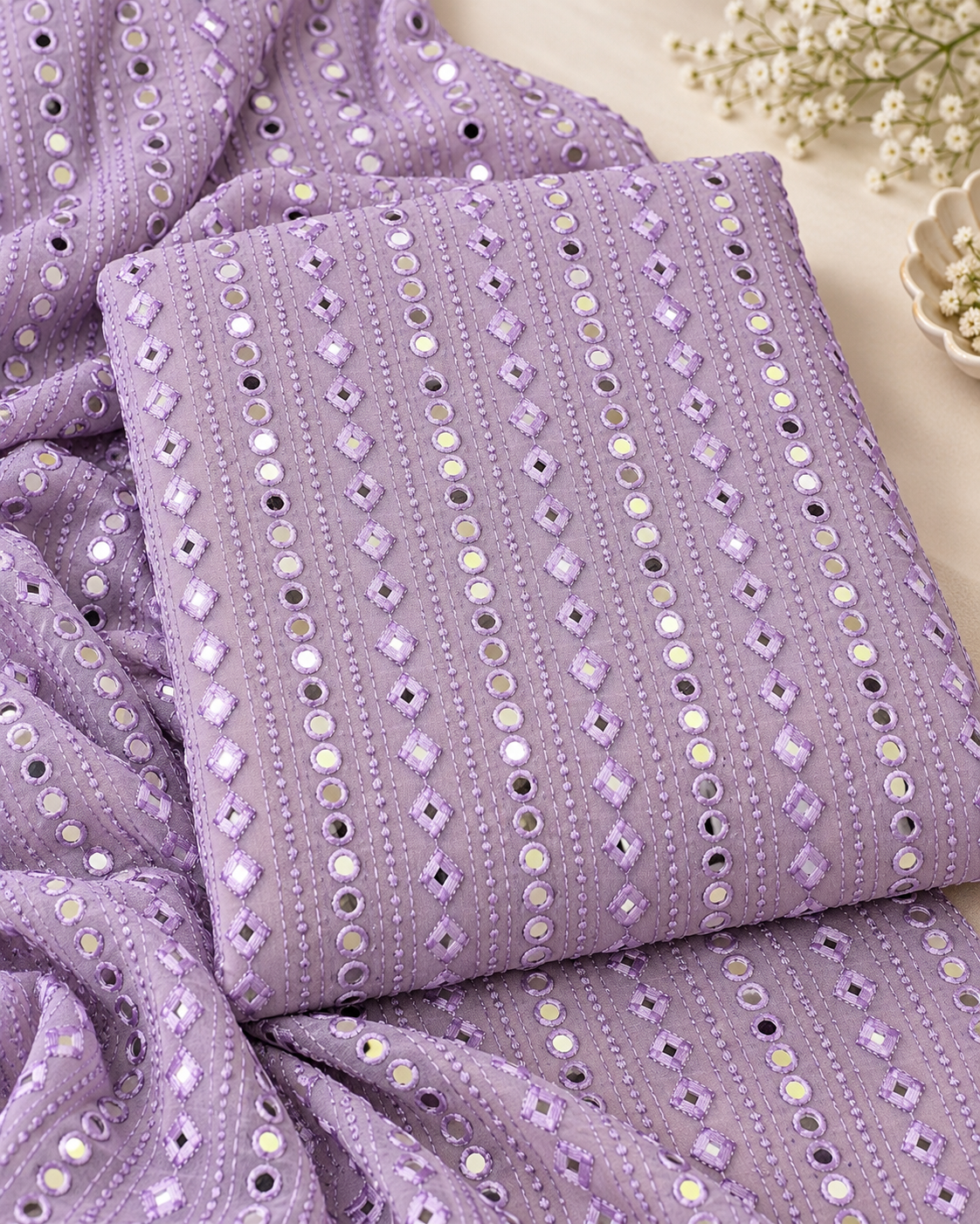 Lavender embroidered fabric, Georgette foil mirror fabric, Gold fabric, Wedding inspiration, Bridesmaid dress, Fashion fabric, Indian fabric, Thread embroidery - NFAF768