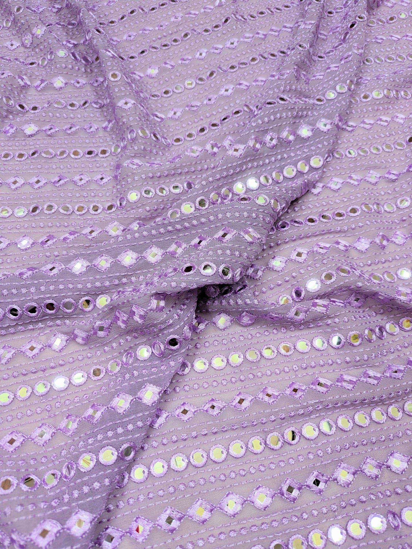 Lavender embroidered fabric, Georgette foil mirror fabric, Gold fabric, Wedding inspiration, Bridesmaid dress, Fashion fabric, Indian fabric, Thread embroidery - NFAF768
