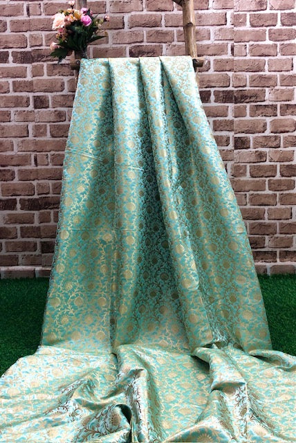 Indian Banarasi Brocade fabric in Sea Green and Gold color, Multiple lengths will come in the continuous piece - NF788