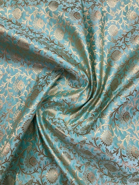 Indian Banarasi Brocade fabric in Sea Green and Gold color, Multiple lengths will come in the continuous piece - NF788