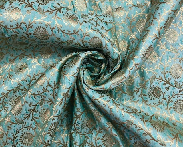 Indian Banarasi Brocade fabric in Sea Green and Gold color, Multiple lengths will come in the continuous piece - NF788