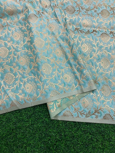 Indian Banarasi Brocade fabric in Sea Green and Gold color, Multiple lengths will come in the continuous piece - NF788