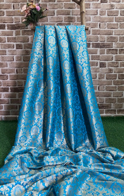 Indian Banarasi Brocade fabric in Light Blue and Gold color, Multiple lengths will come in the continuous piece - NF803