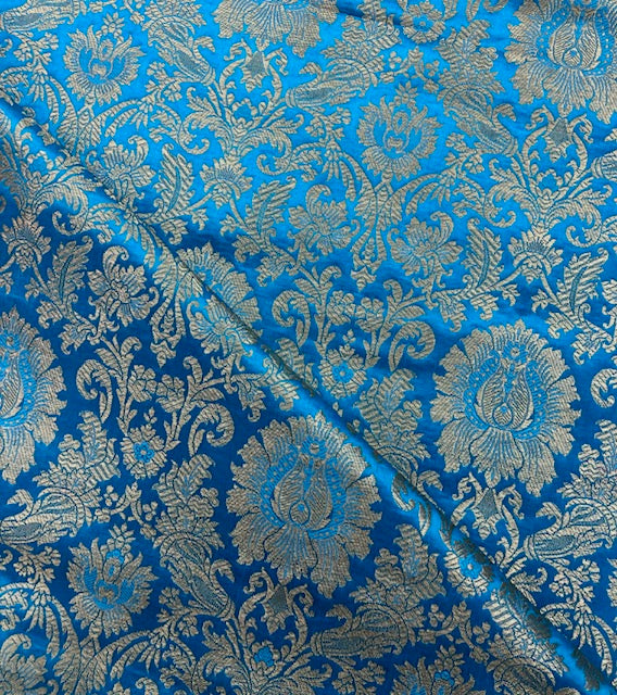 Indian Banarasi Brocade fabric in Light Blue and Gold color, Multiple lengths will come in the continuous piece - NF803