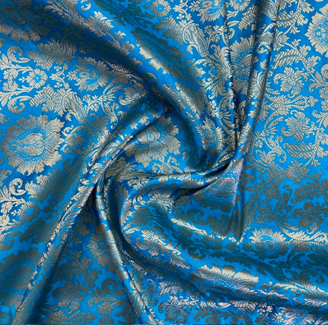 Indian Banarasi Brocade fabric in Light Blue and Gold color, Multiple lengths will come in the continuous piece - NF803