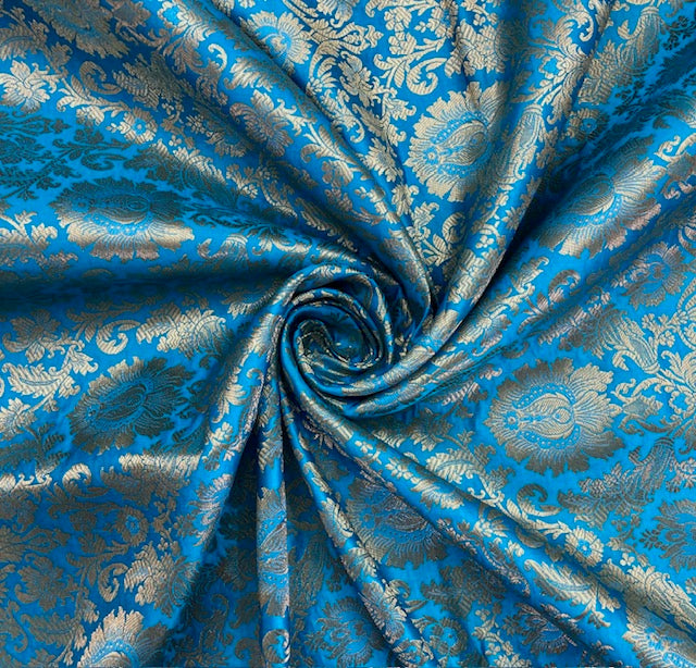 Indian Banarasi Brocade fabric in Light Blue and Gold color, Multiple lengths will come in the continuous piece - NF803