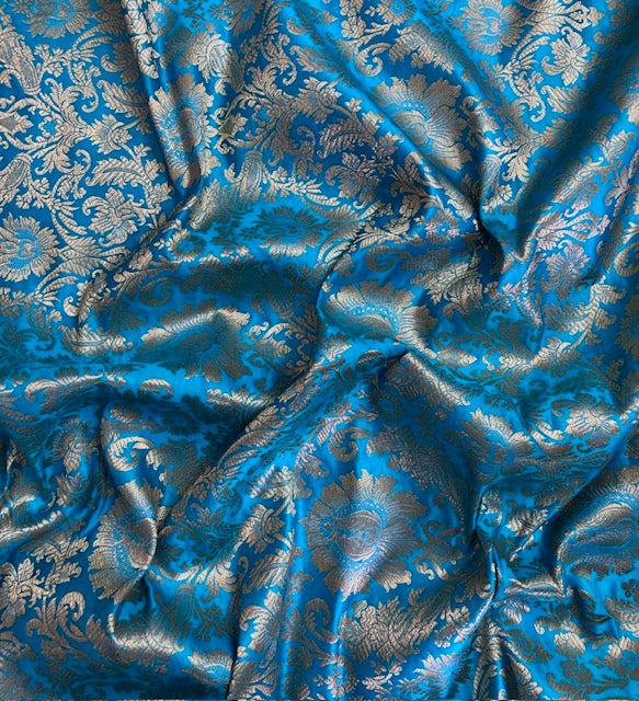 Indian Banarasi Brocade fabric in Light Blue and Gold color, Multiple lengths will come in the continuous piece - NF803