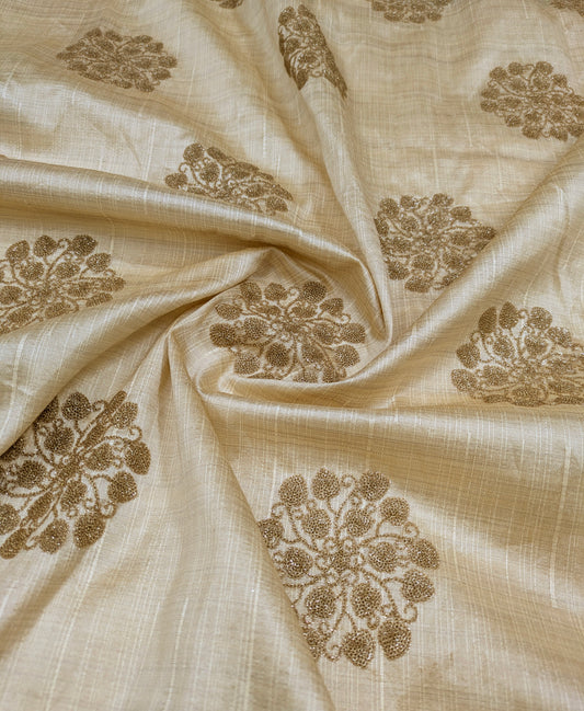 Beige embroidered fabric, Handmade, Gold flower, Fabric store, Luxury fabric, Wedding dress, Bridesmaid dress, Couture fashion - NFAF850