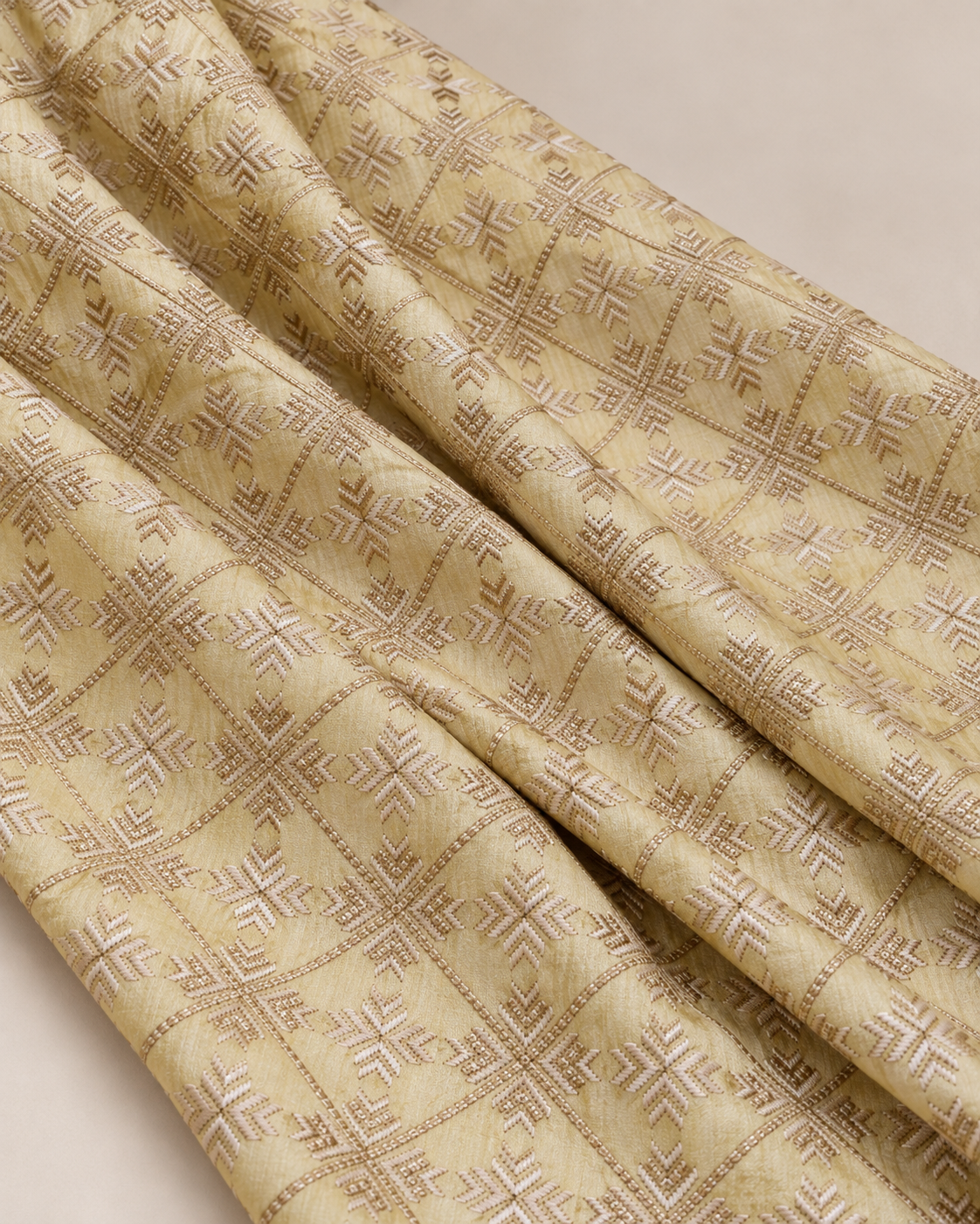 Beige embroidered fabric, Wedding dress, Indian fabric, Thread embroidery, Gold flower, Handmade, Haute couture - NFAF858