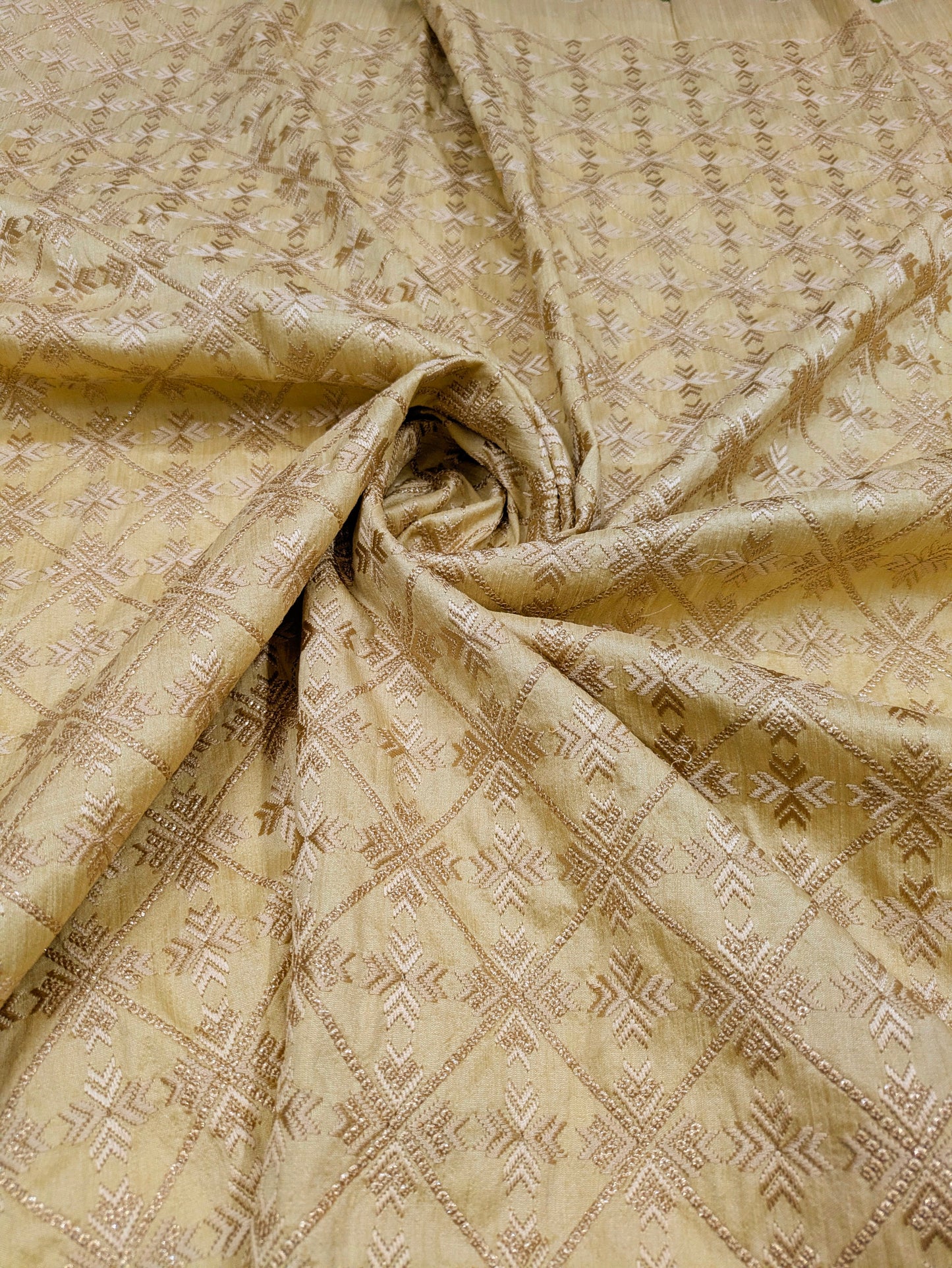 Beige embroidered fabric, Wedding dress, Indian fabric, Thread embroidery, Gold flower, Handmade, Haute couture - NFAF858