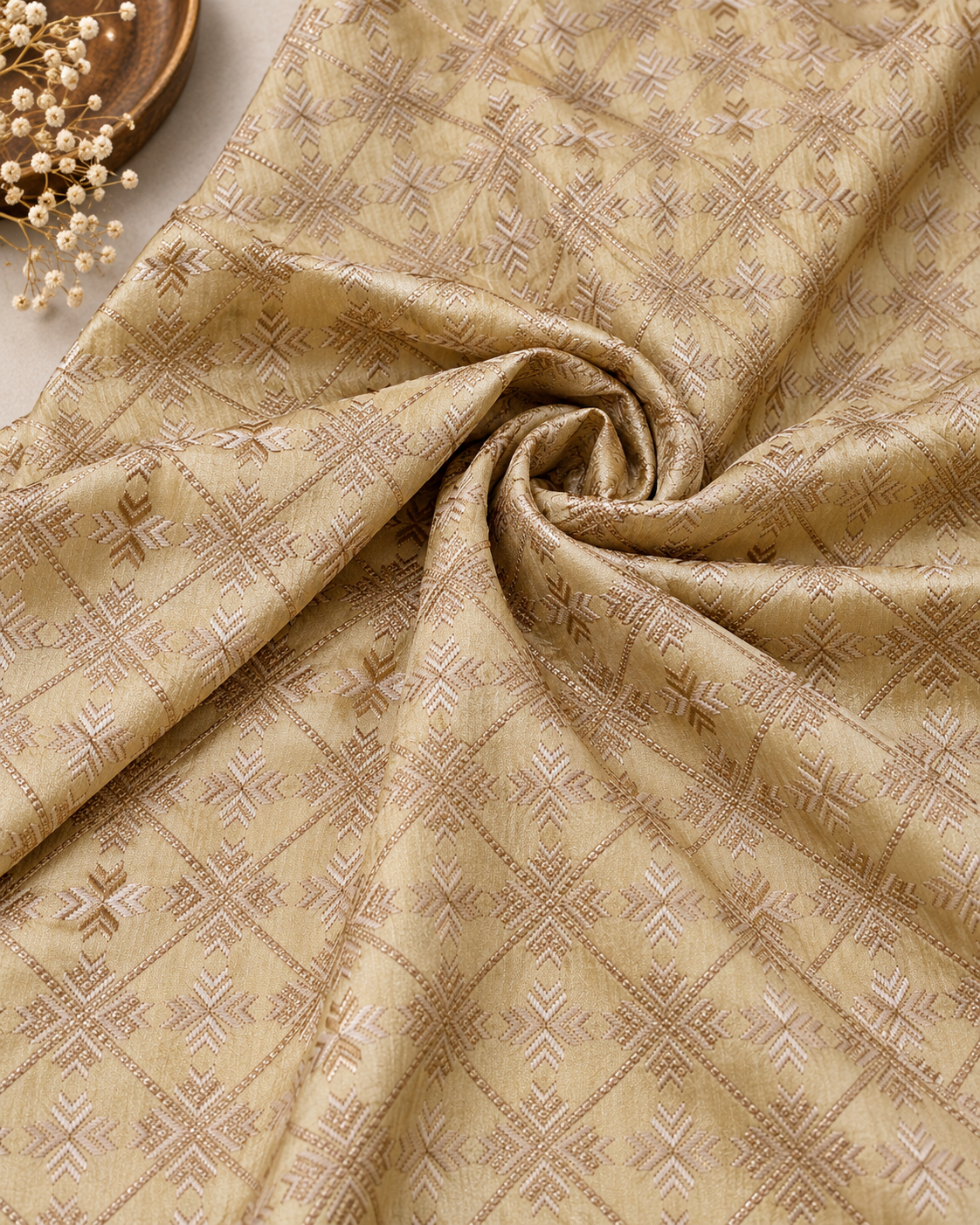 Beige embroidered fabric, Wedding dress, Indian fabric, Thread embroidery, Gold flower, Handmade, Haute couture - NFAF858