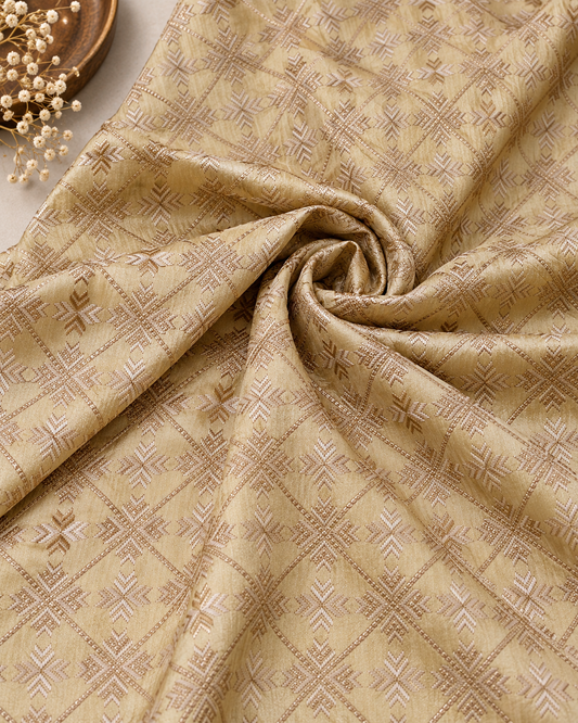 Beige embroidered fabric, Wedding dress, Indian fabric, Thread embroidery, Gold flower, Handmade, Haute couture - NFAF858