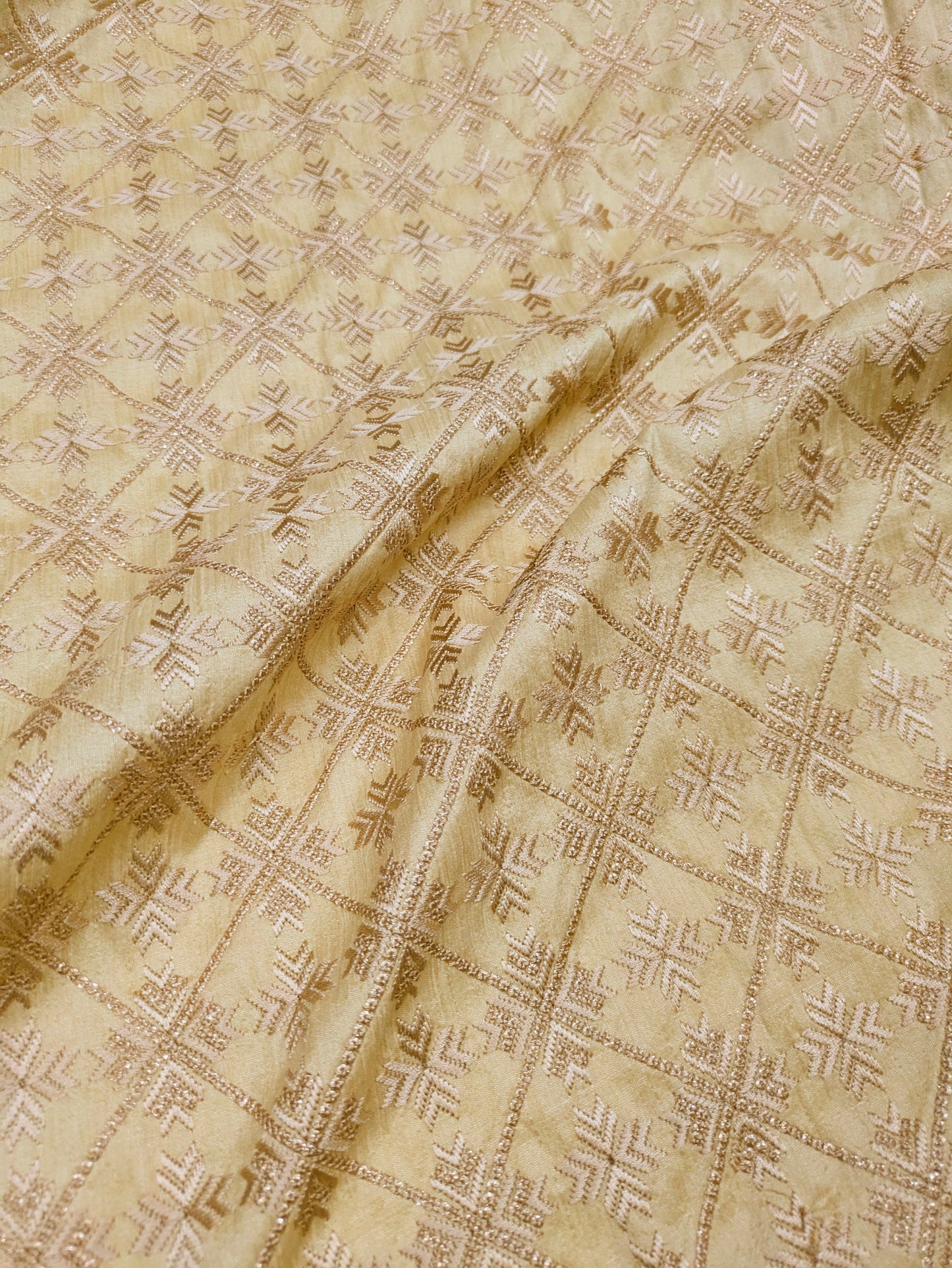 Beige embroidered fabric, Wedding dress, Indian fabric, Thread embroidery, Gold flower, Handmade, Haute couture - NFAF858