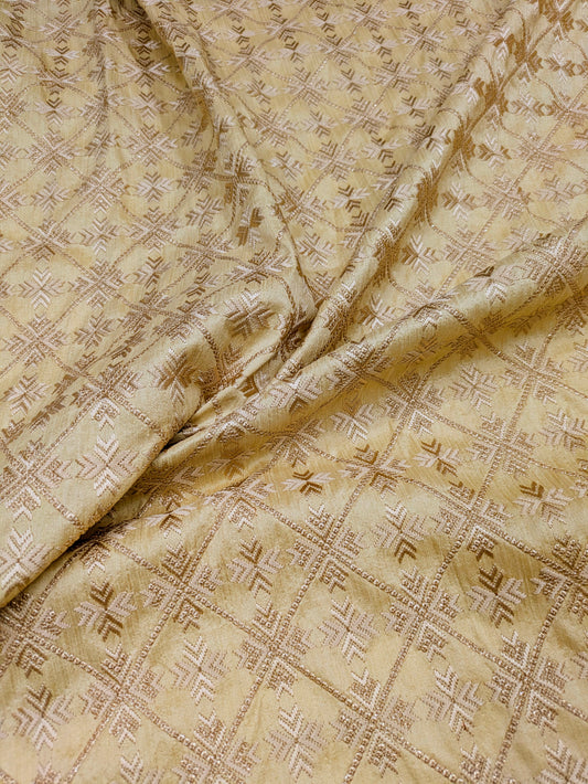 Beige embroidered fabric, Wedding dress, Indian fabric, Thread embroidery, Gold flower, Handmade, Haute couture - NFAF858