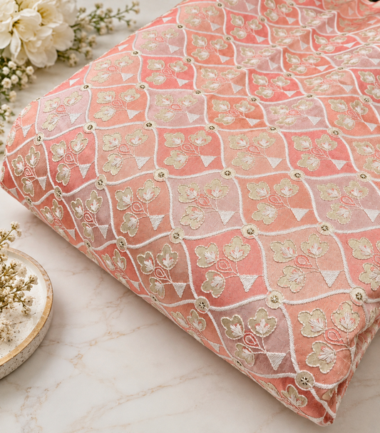 Peach embroidered fabric, Thread embroidery, Bridesmaid dress, Wedding dress, Embroidery art, Luxury fabric, Indian fabric - NFAF869