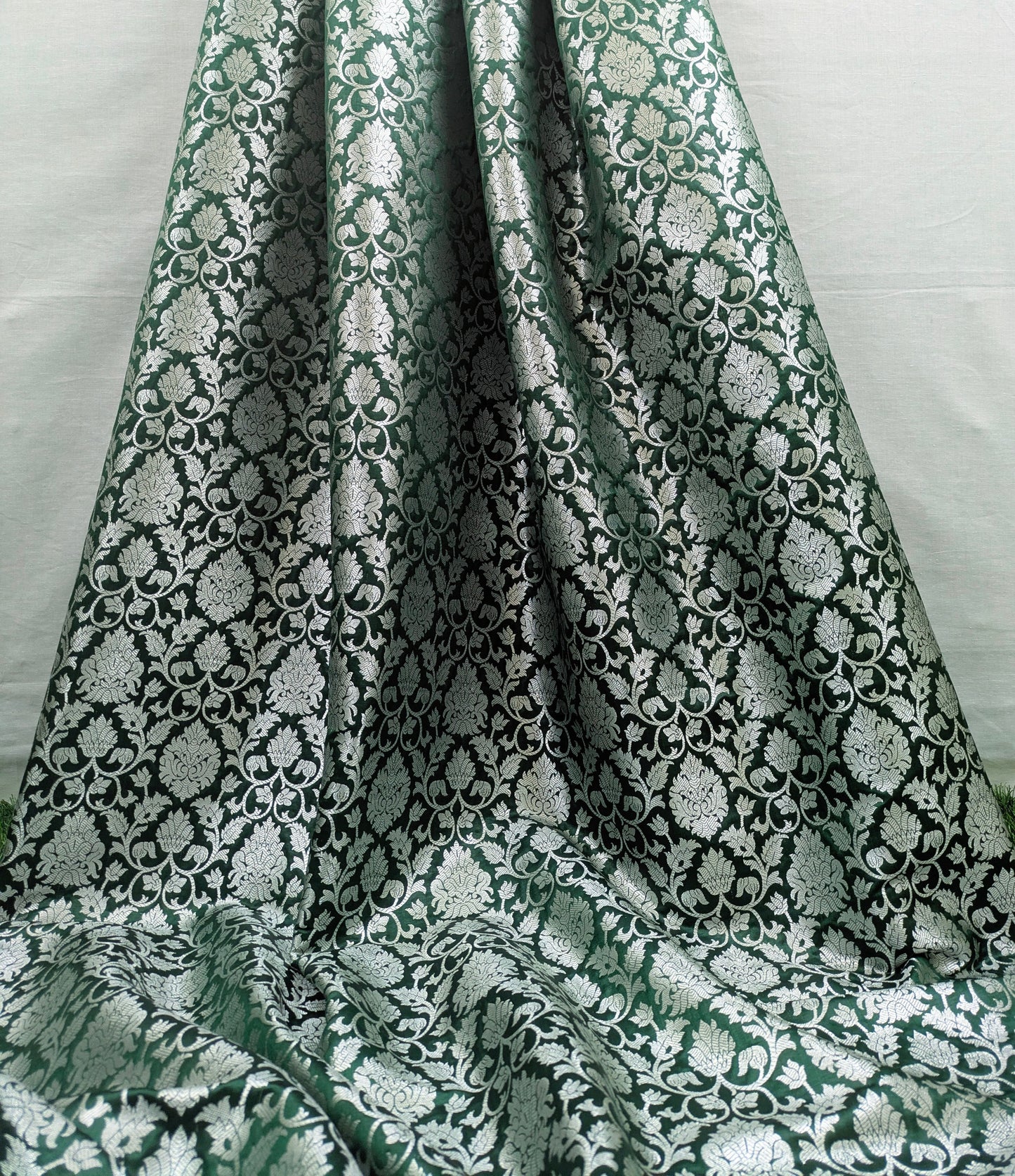 Green and Silver Rayon silk brocade fabric, Wedding fabric, Home décor fabric, Flower brocade, Metallic brocade, Rayon silk brocade - NFAF86