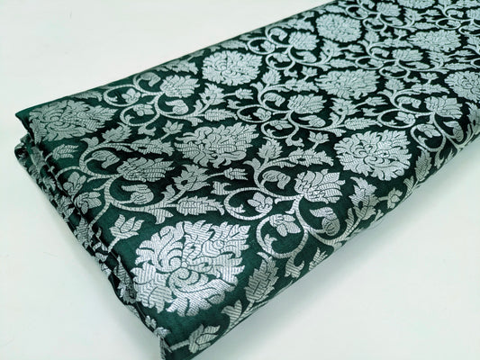 Green and Silver Rayon silk brocade fabric, Wedding fabric, Home décor fabric, Flower brocade, Metallic brocade, Rayon silk brocade - NFAF86