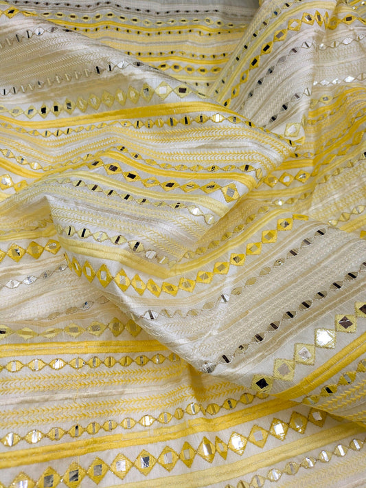 Yellow embroidered fabric, Wedding dress, Fabric store, Luxury fabric, Thread embroidery, Indian fabric, Couture fashion, Royal fabric - NFAF877