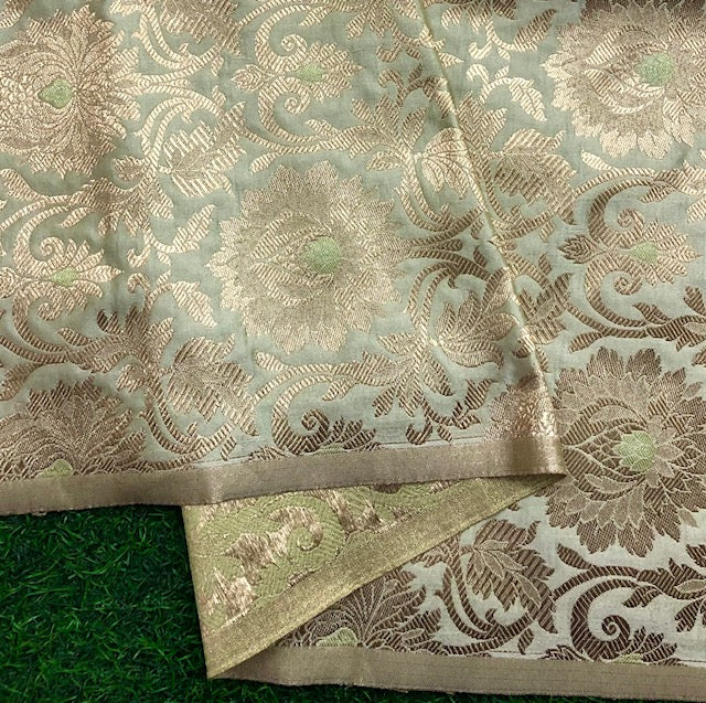 Indian Banarasi Brocade fabric in Green and Gold color, Multiple lengths will come in the continuous Piece - NF905