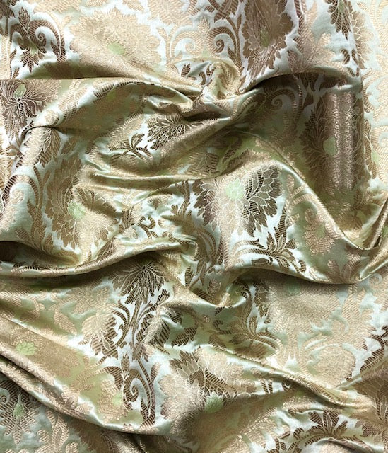 Indian Banarasi Brocade fabric in Green and Gold color, Multiple lengths will come in the continuous Piece - NF905