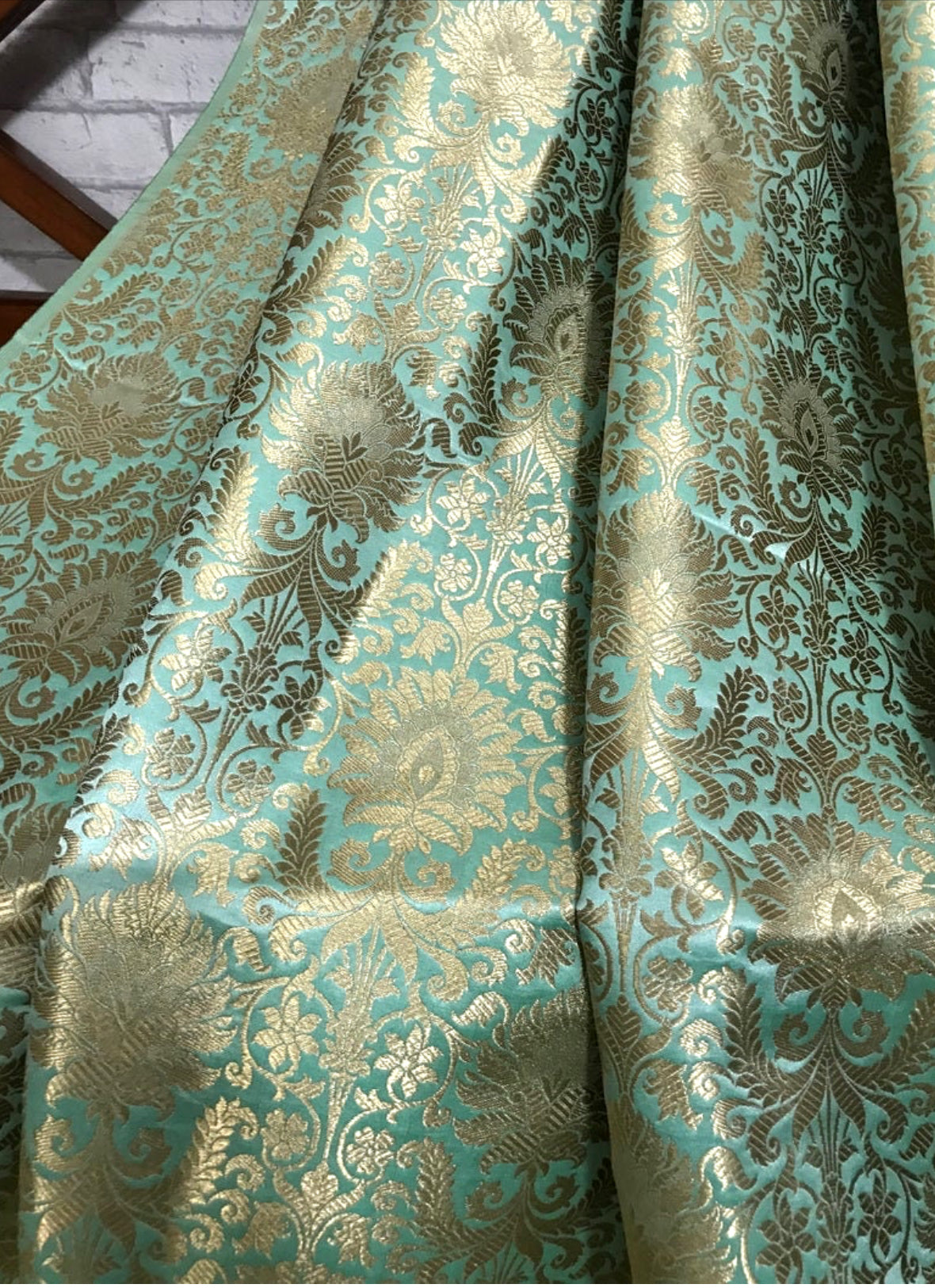 Mint Green Brocade fabric Jacquard fabric Gold brocade fabric Wedding bridal dress fabric Festival clothing Home Decor fabric by the yard- NFAF90