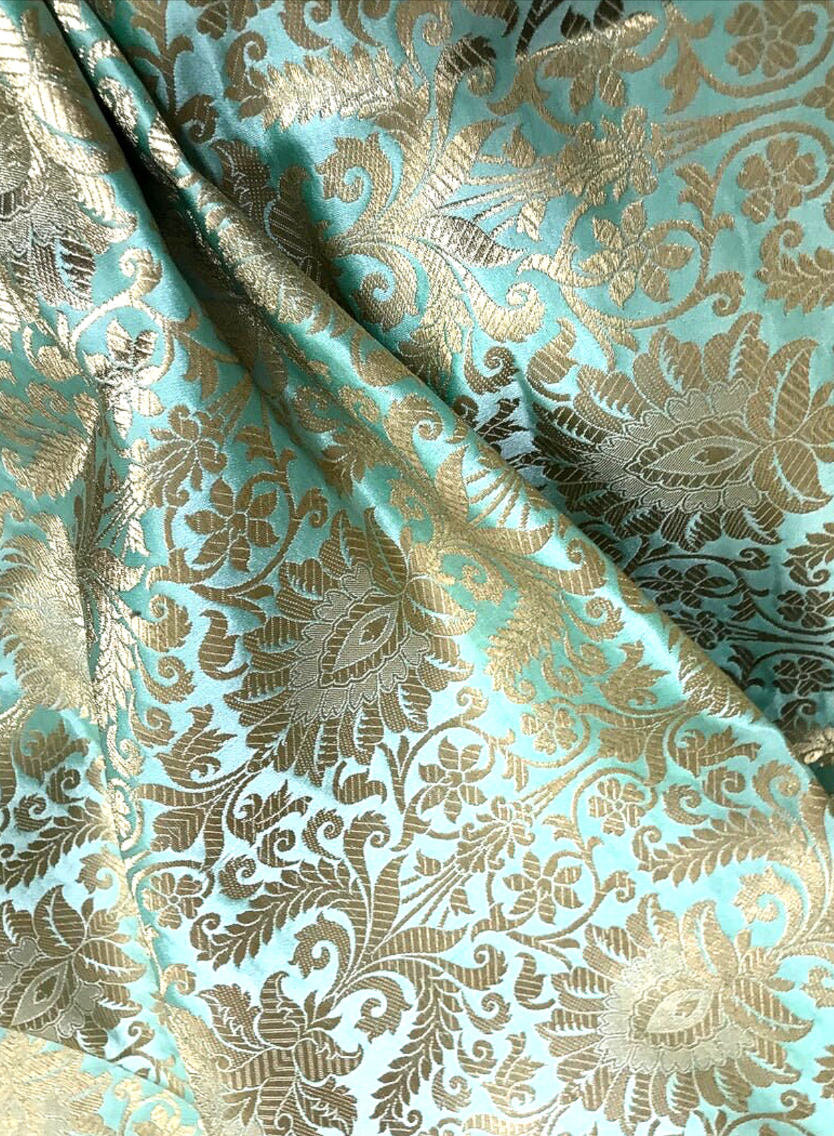 Mint Green Brocade fabric Jacquard fabric Gold brocade fabric Wedding bridal dress fabric Festival clothing Home Decor fabric by the yard- NFAF90