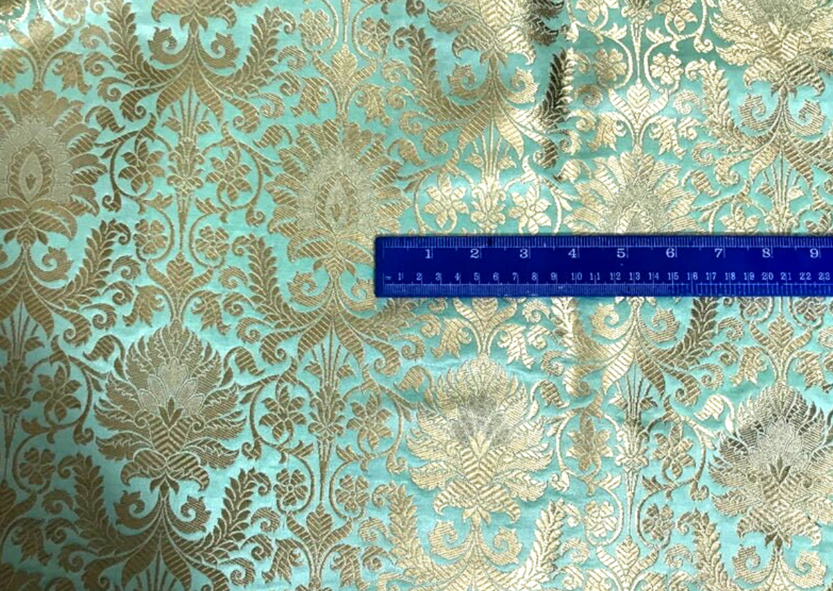 Mint Green Brocade fabric Jacquard fabric Gold brocade fabric Wedding bridal dress fabric Festival clothing Home Decor fabric by the yard- NFAF90
