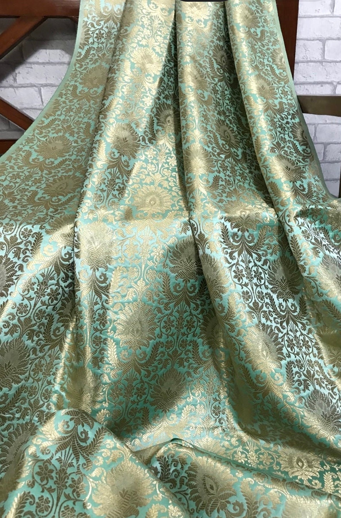 Mint Green Brocade fabric Jacquard fabric Gold brocade fabric Wedding bridal dress fabric Festival clothing Home Decor fabric by the yard- NFAF90