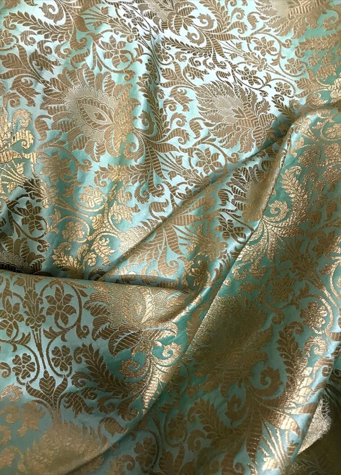 Mint Green Brocade fabric Jacquard fabric Gold brocade fabric Wedding bridal dress fabric Festival clothing Home Decor fabric by the yard- NFAF90