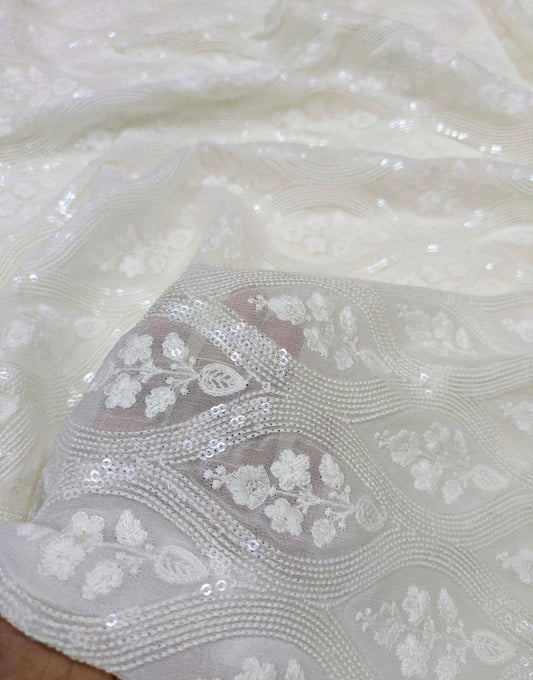 Embroidered fabric Silk Georgette White Wedding dress fabric Luxury Designer Bridral Dress fabric Sequins Embroidery Saree Dupatta fabric